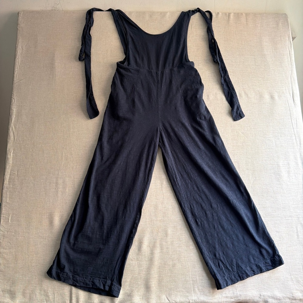 Leallo Tie Shoulder Wide Leg Jumpsuit Navy Blue Cotton Coastal XS